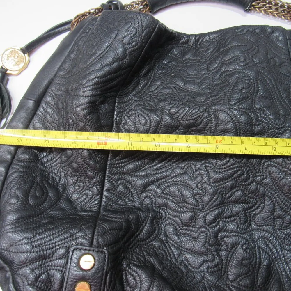 Black Pebbled Soft Leather Hobo Bag Golden Hardware Tassle Hippie - Image 3