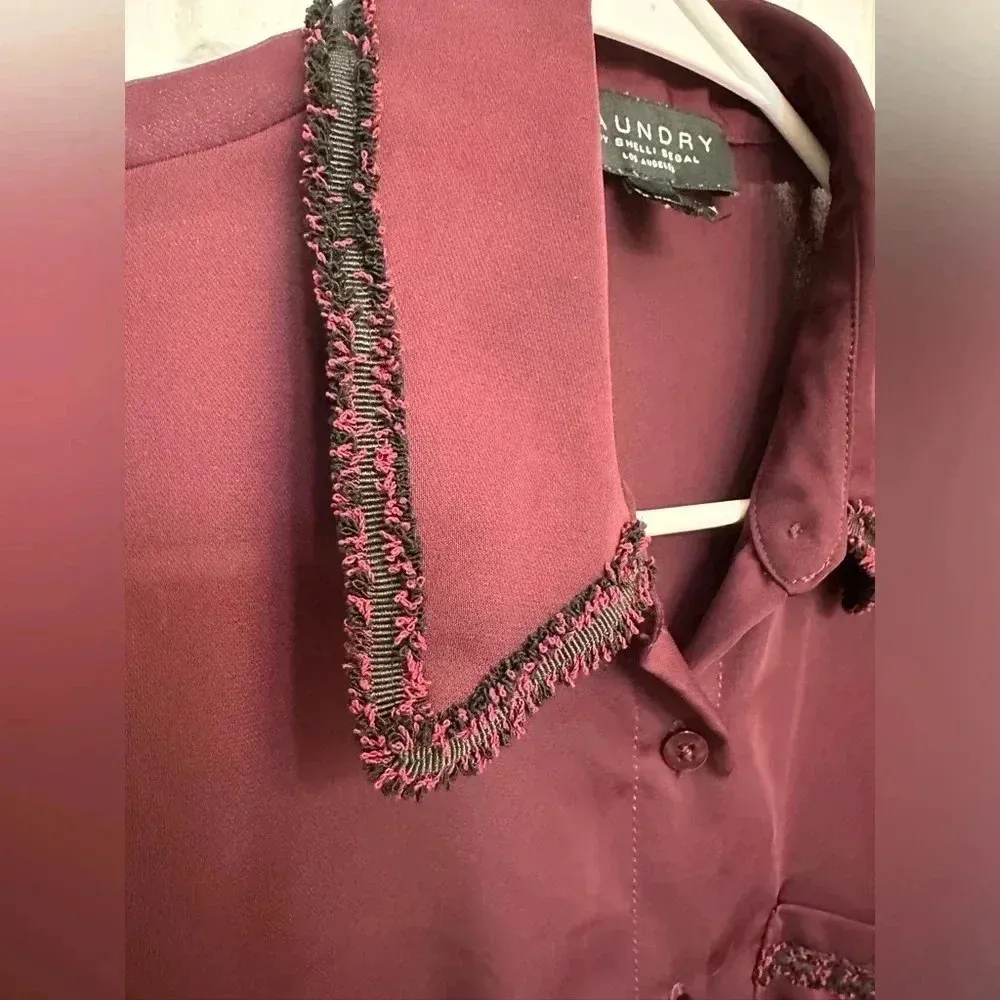 Laundry by Shelli Segal Burgundy Blouse Boucle Trim Long Sleeve Sheer - Image 7