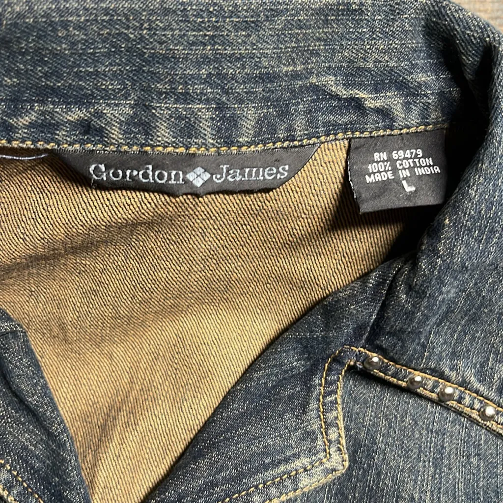Vintage Denim Studded Jean Jacket Black Lace Gordon James festival Denim Jacket Size L - Image 6