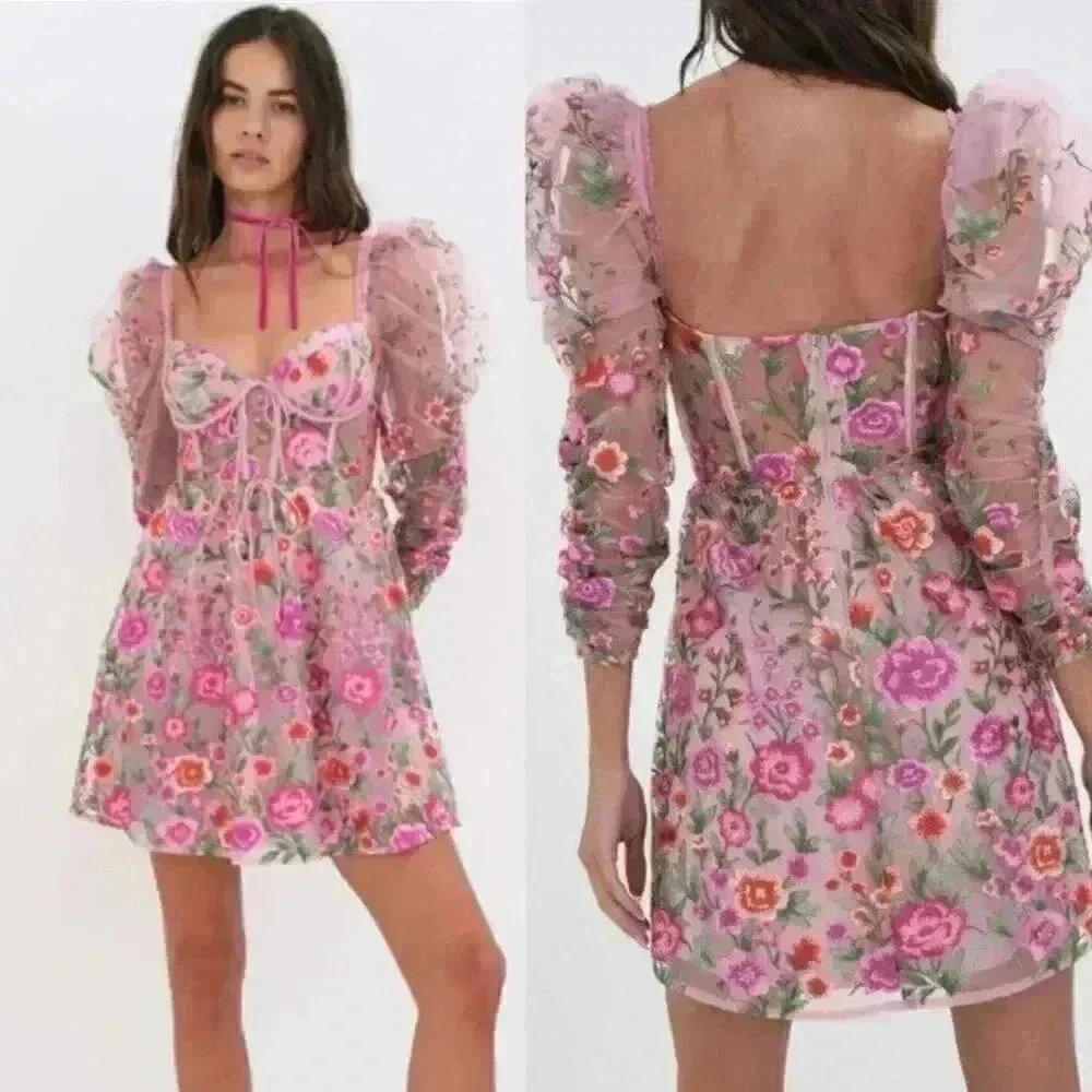 NWT For Love & Lemons Tayla Ruffle Corset Embroidered Puff Sleeve Dress Size XS - Image 4
