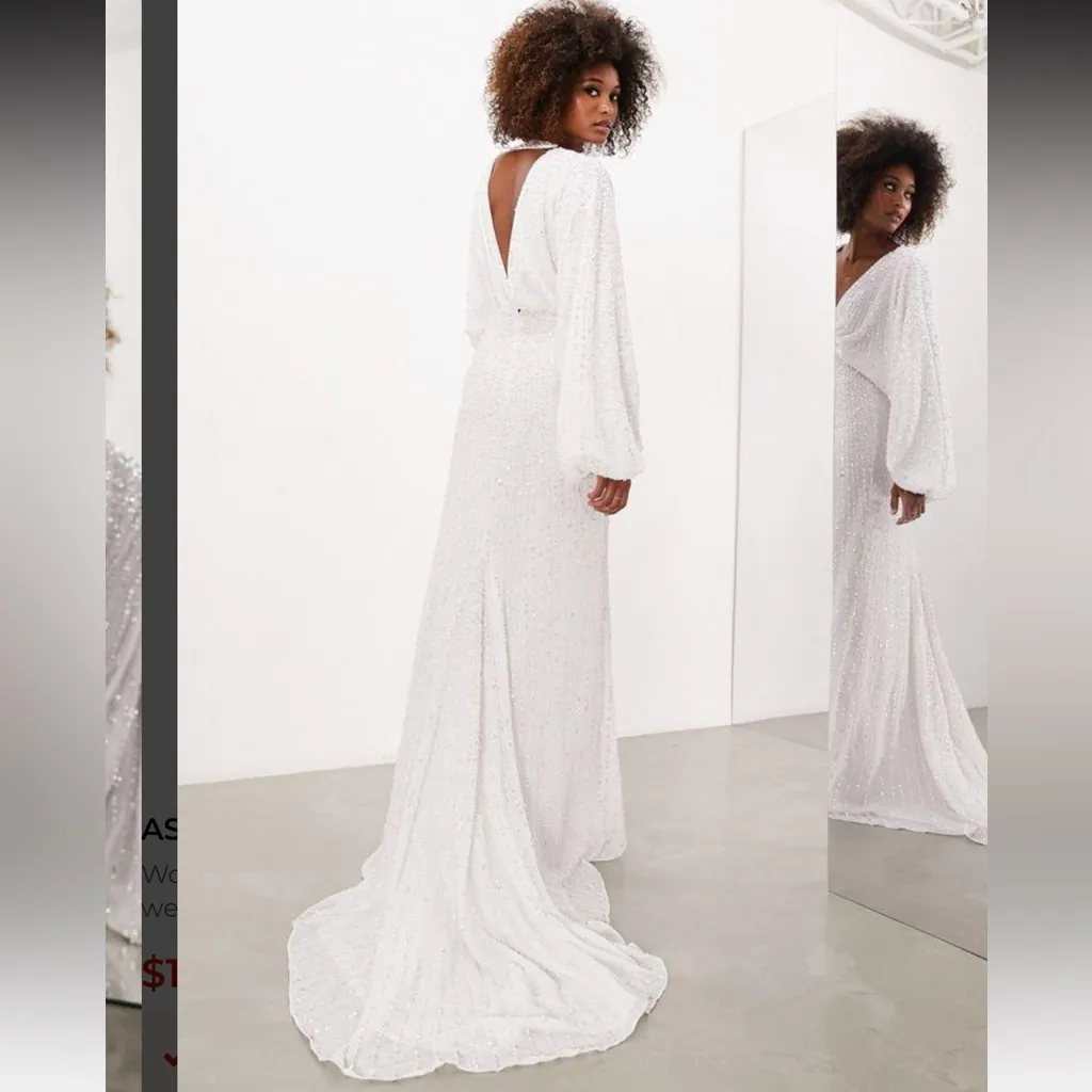 NWT ASOS Edition Lennox Sequin Blouson Sleeve Dress with Train in Ivory US 8 - Image 3