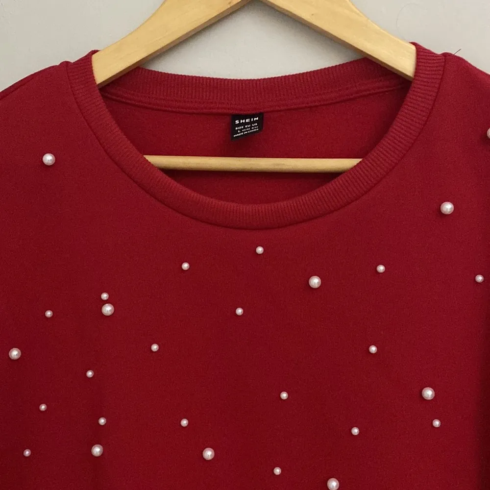 SHEIN womens red Lune Drop shoulders pearls beaded pullover sweatshirt size L - Image 2