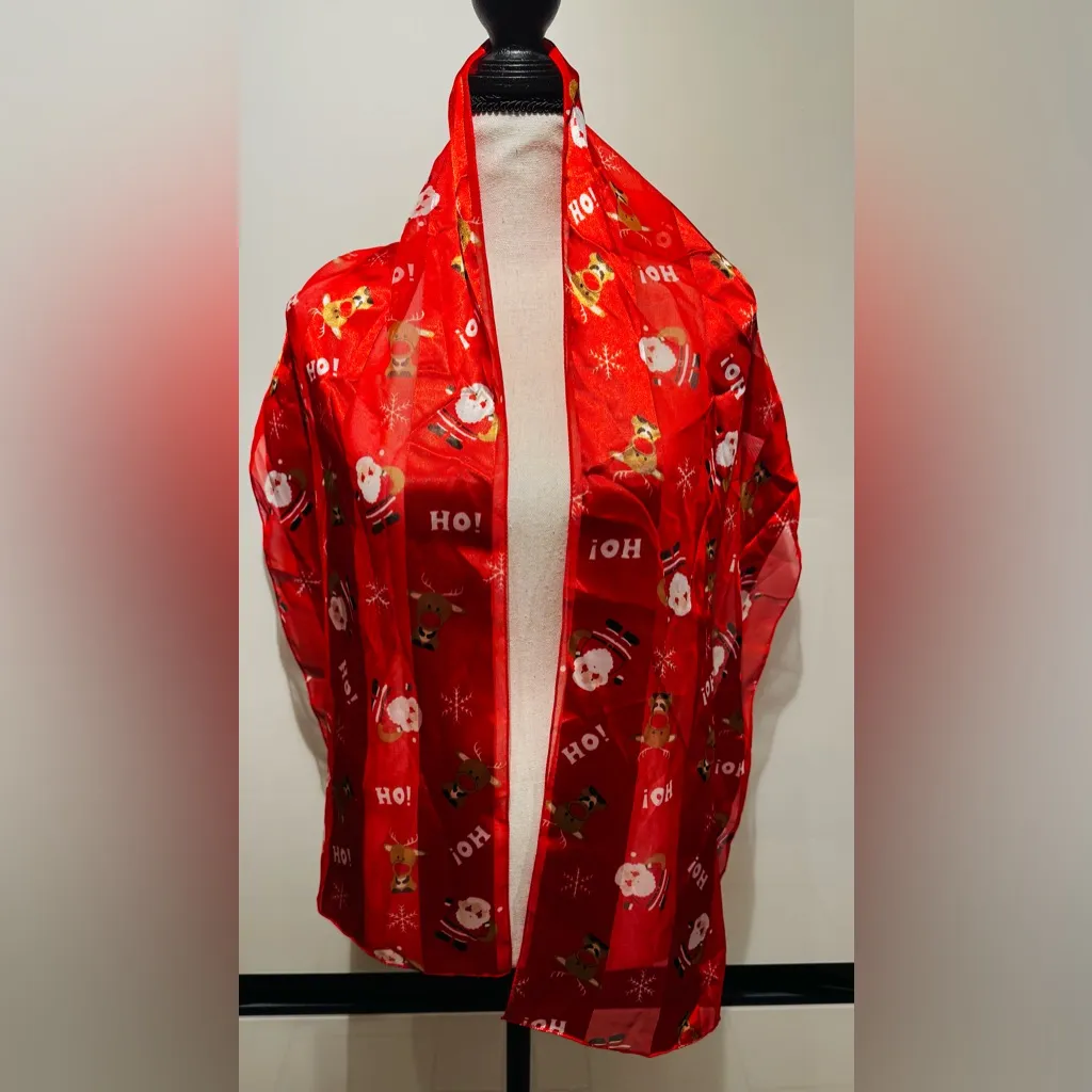 Cute Santa and Reindeer Long Silky Chifforn Satin Scarves Wrap Tie Red - Image 8