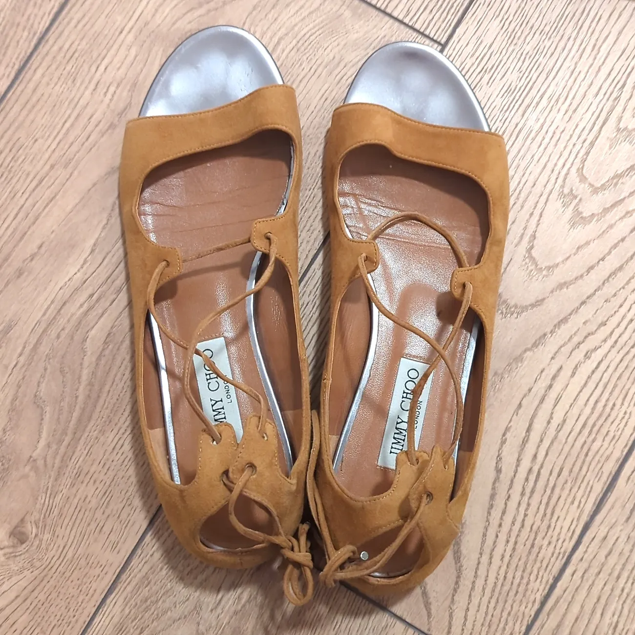 Jimmy Choo Women's 41.5 / 11 Vernie Flat Lace Up Sandals Shoes Tan Suede Leather - Image 3