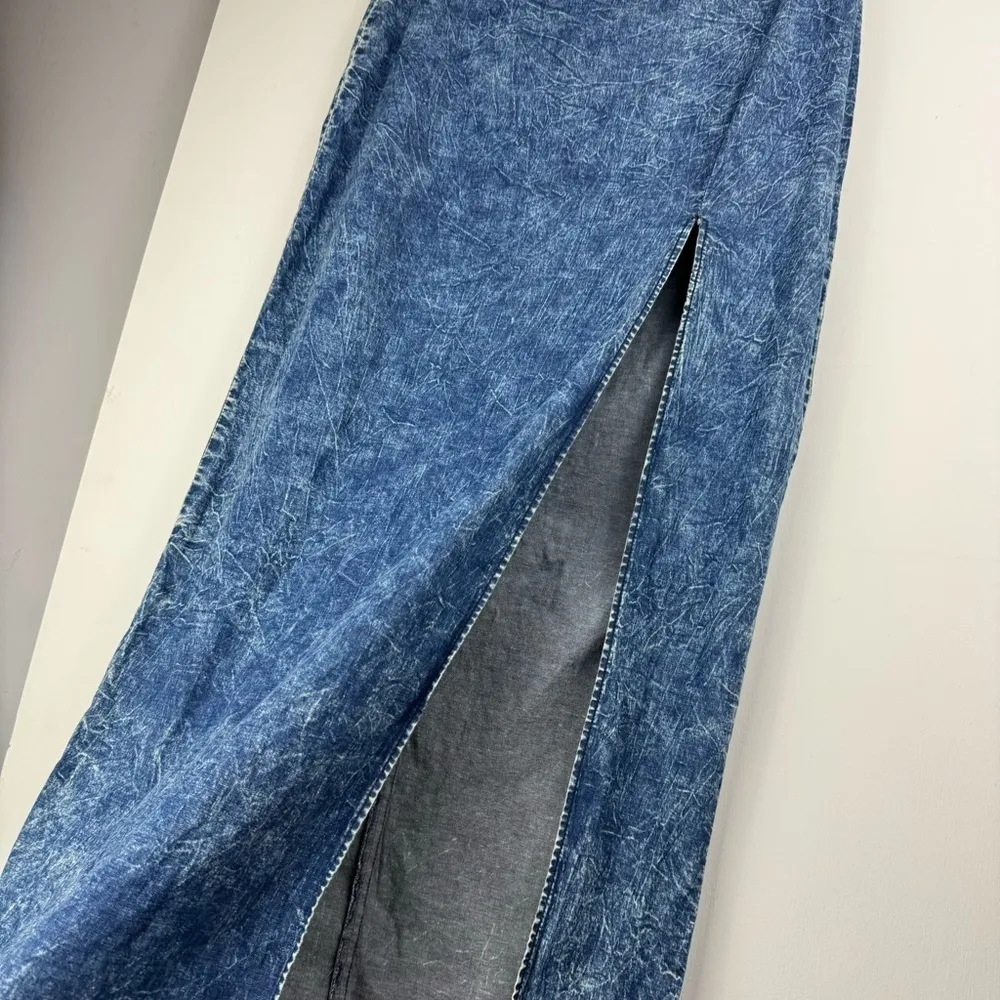 Denim Midi Maxi Skirt Sz 1XL Acid Wash Stretch High Slit A Line - Image 9