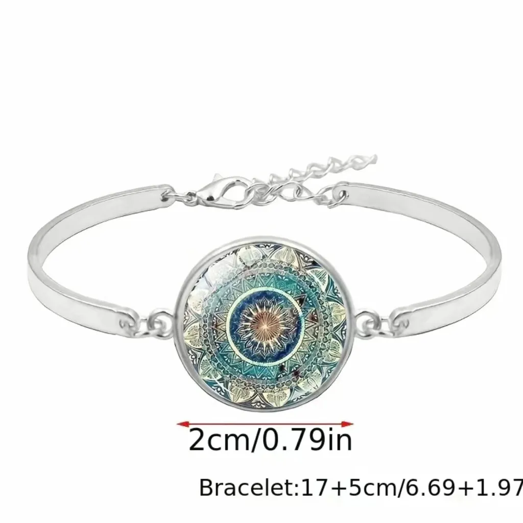 Mandala flower time gemstone necklace, bracelet &‎ earrings set, glass pendant Silver - Image 5