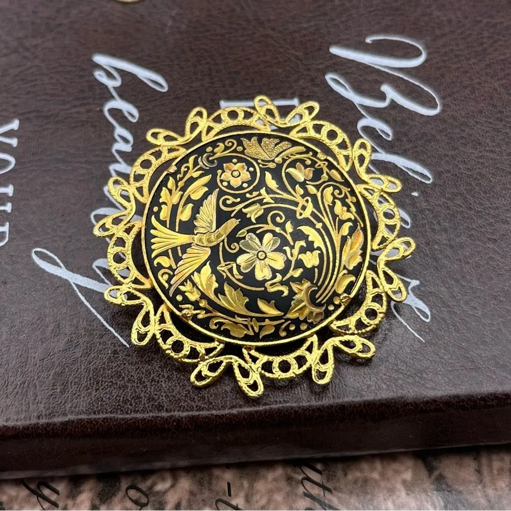 Vintage Spanish Damascene Filigree Bird & Flower Brooch Black Gold Pin - Image 3