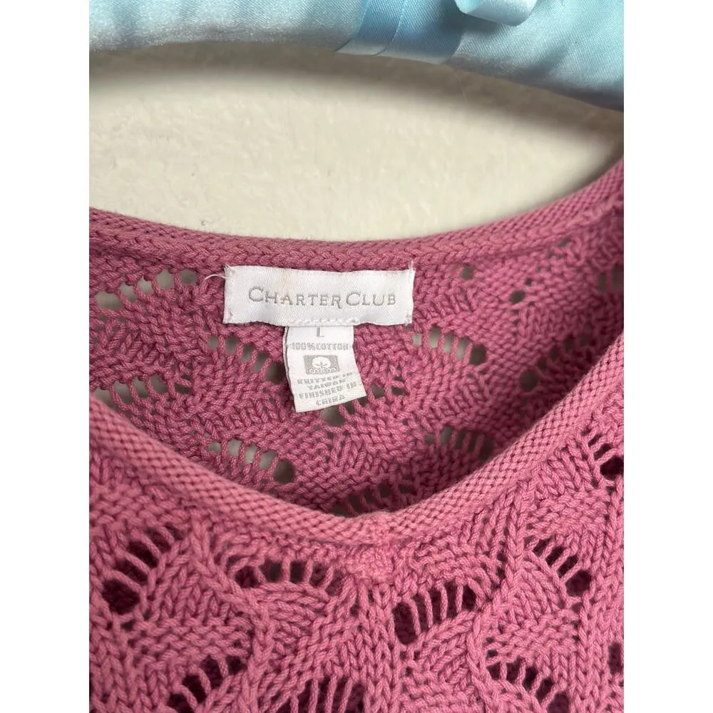Charter Club Large 100% Cotton Pink Sweater Scallop Open Knit Crochet - Image 5