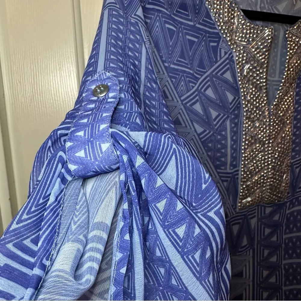 Chicos Women's Blue Embellished Tunic Top Size 2 L Artsy Boho Swim Cover Cruise - Image 3