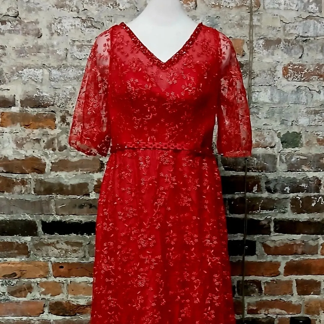 Womens Mother of the Bride Red Lace Evening Dress Medium Beaded Formal Gown - Image 11