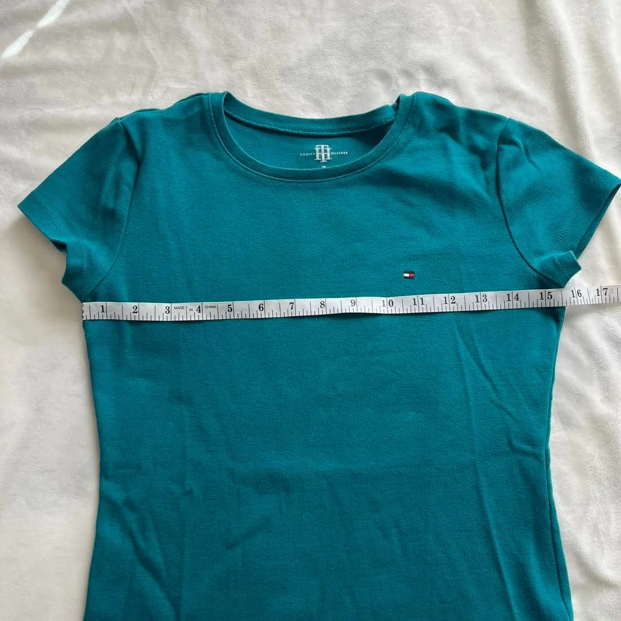 Tommy Hilfiger slim-fit logo teal cap sleeve tee tshirt 100% cotton size small - Image 6