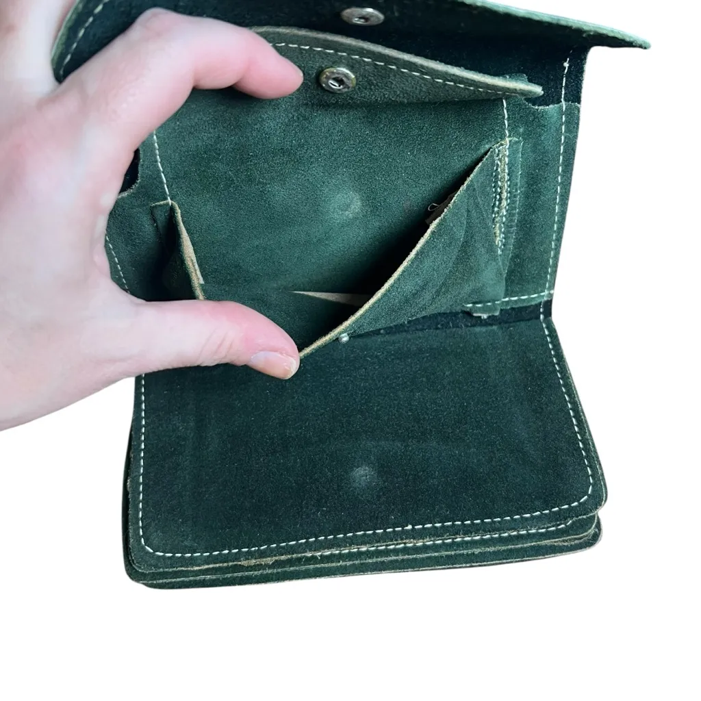 VTG 70s Leather Folding Wallet Suede Checkbook Top Grain Cowhide Green USA Made - Image 10