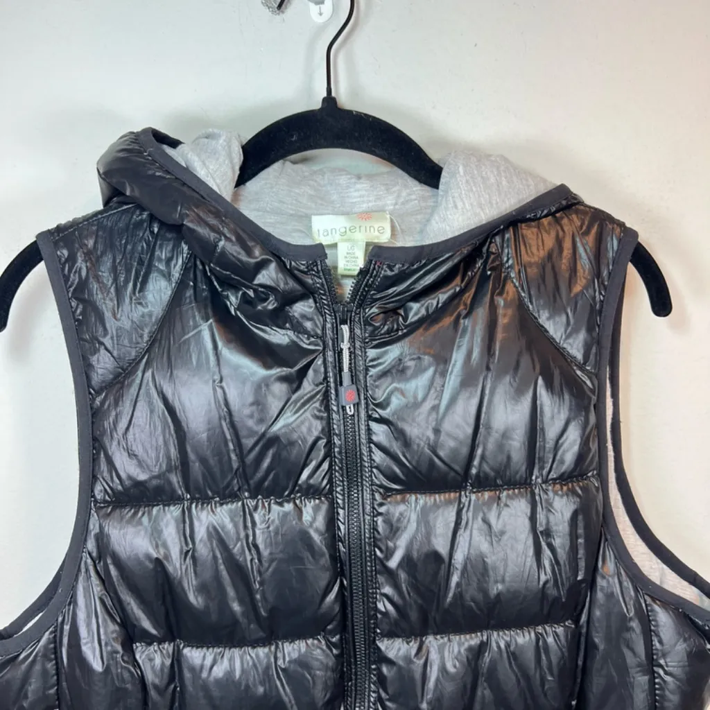 Tangerine Quilted Hooded Puffer Vest Black Lined Full Zip Outdoor Coat  Sz Large - Image 2