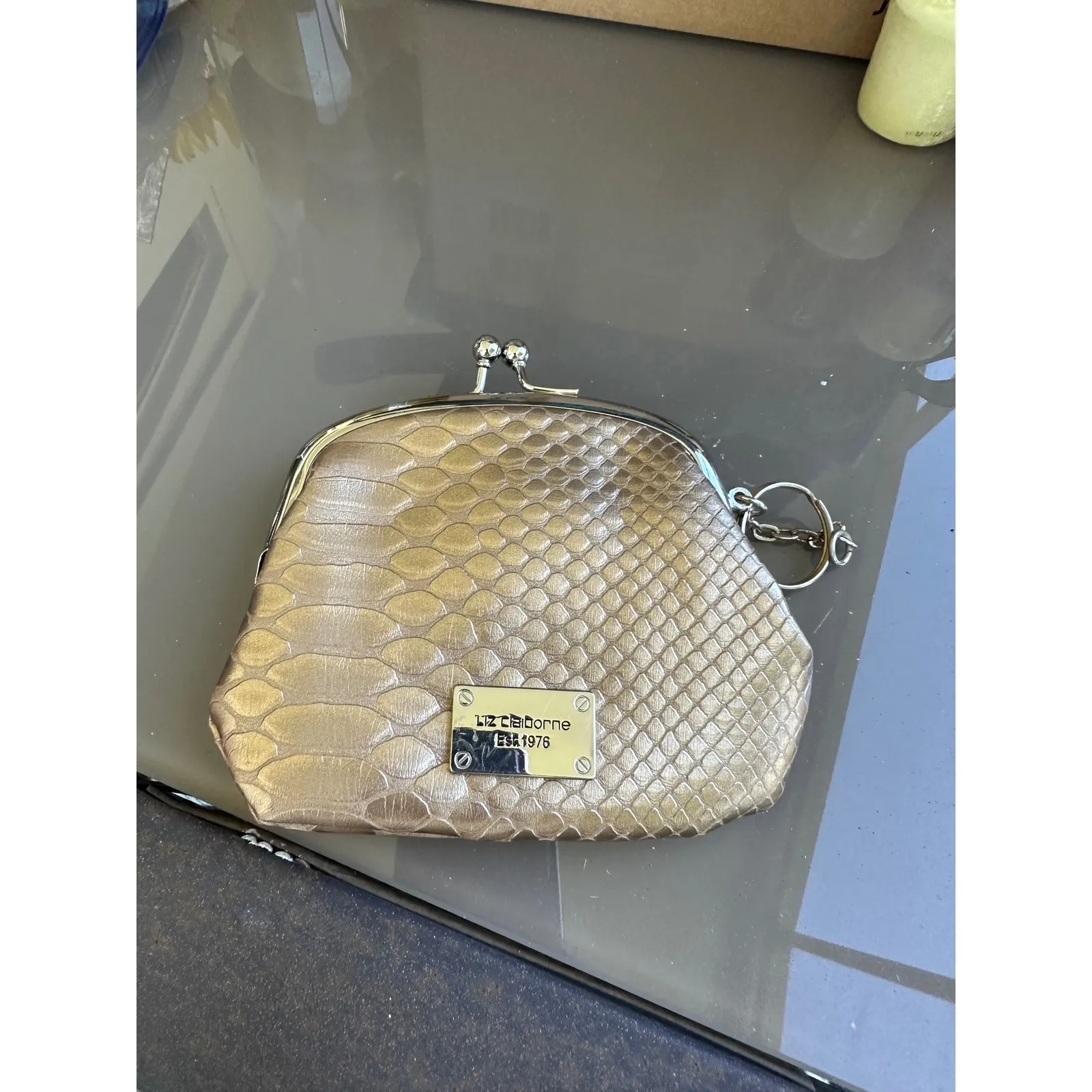 Liz Claiborne Coin Purse Kisslock‎ Snakeskin Clutch Gold - Image 2