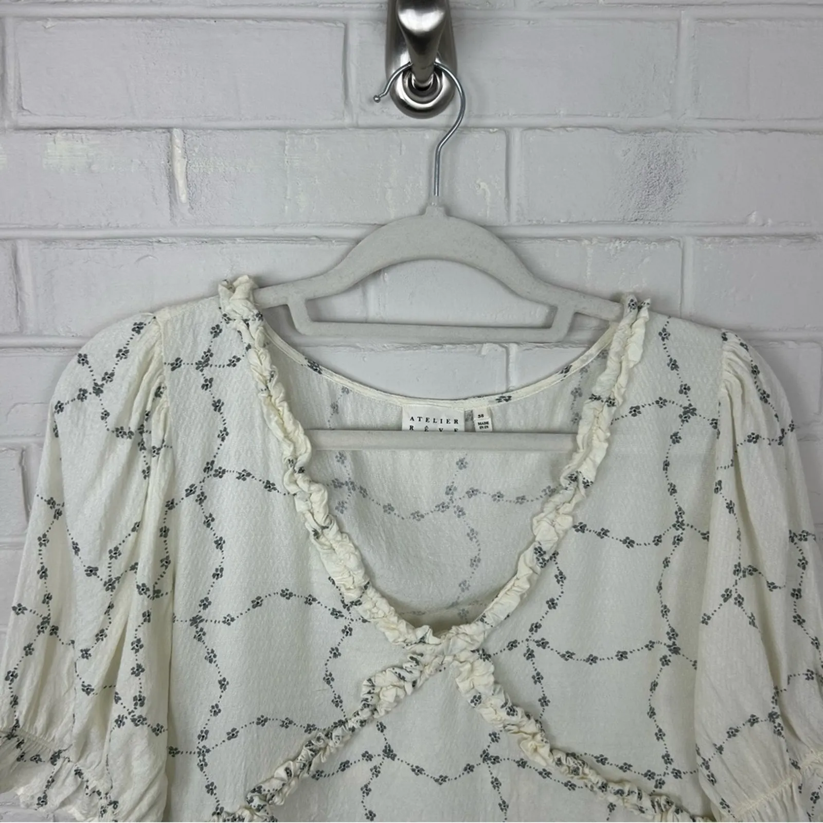 Atelier Reve French Brand Light Floral Ruffle Chic Blouse Top Size EU 38 White - Image 4
