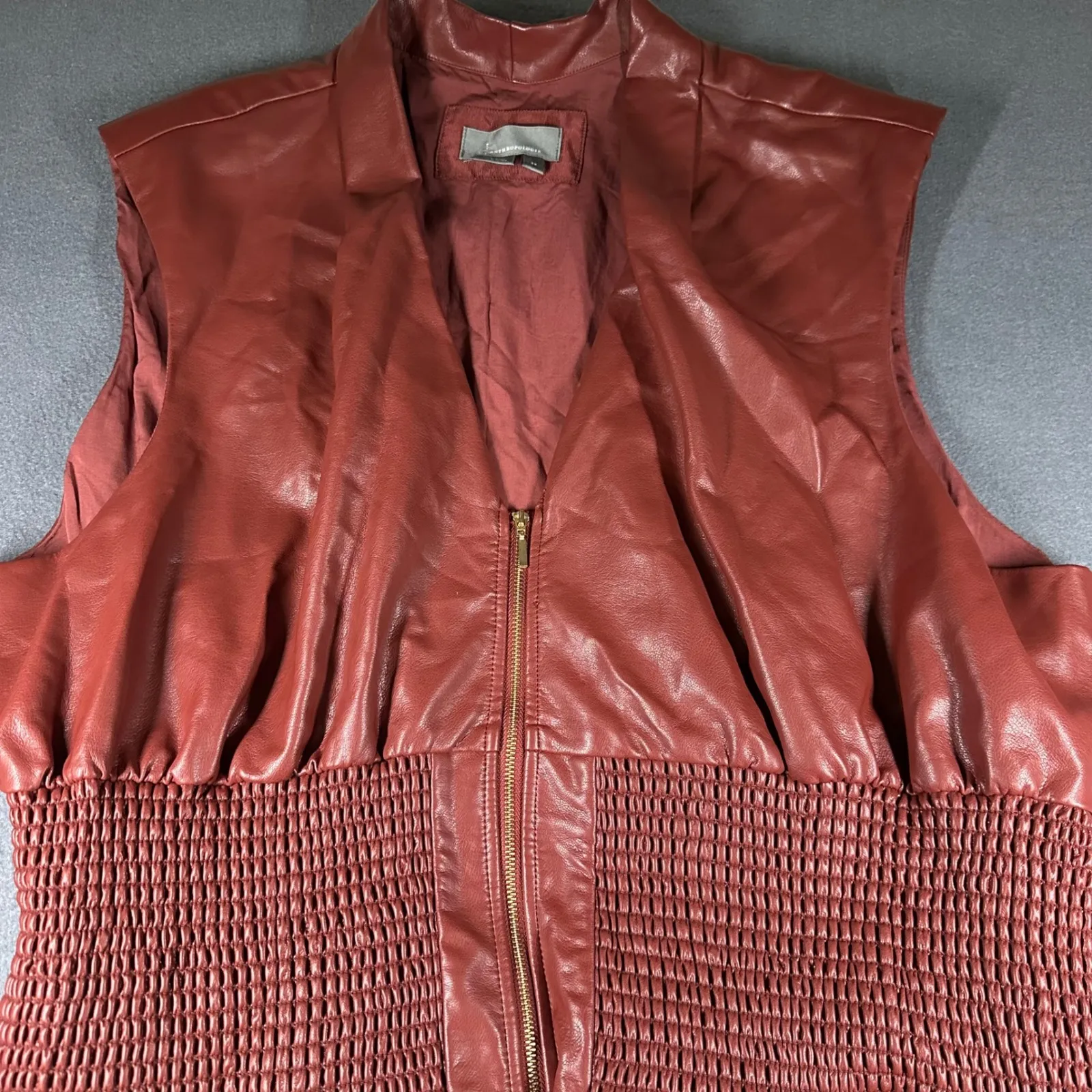 Anthropologie The Tommie Cap Sleeve Dress 3X Faux Leather Smocked Waist Front Zi - Image 2