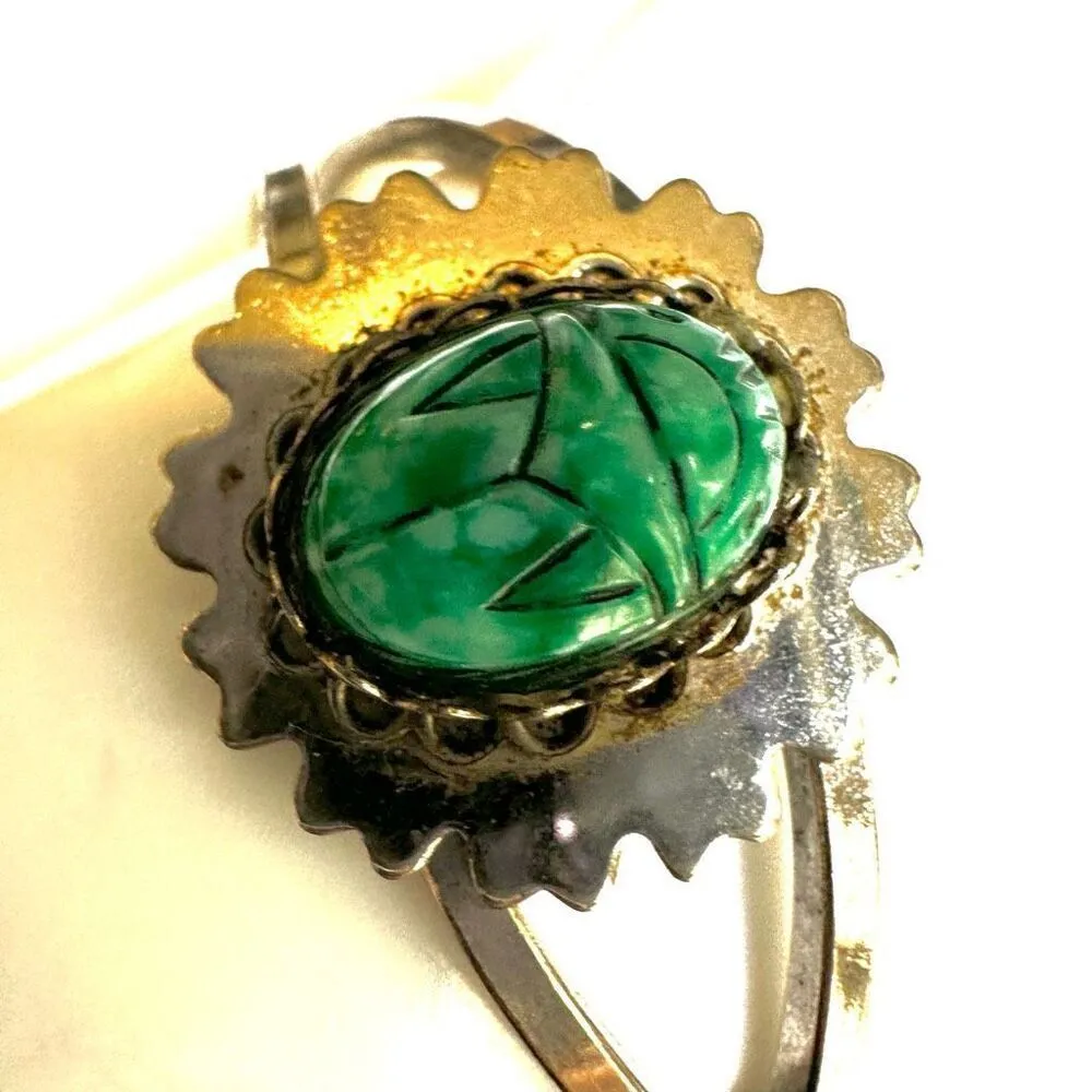 Silver tone green scarab hinged bangle bracelet - Image 11