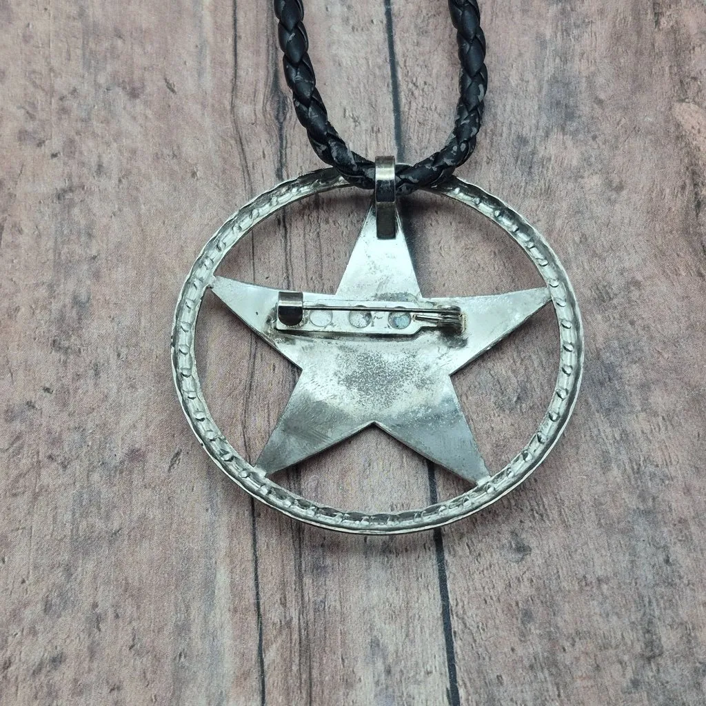Western Texas Star Brooch Pin Pendant on a Black Faux Cord Collar Necklace 18" - Image 9