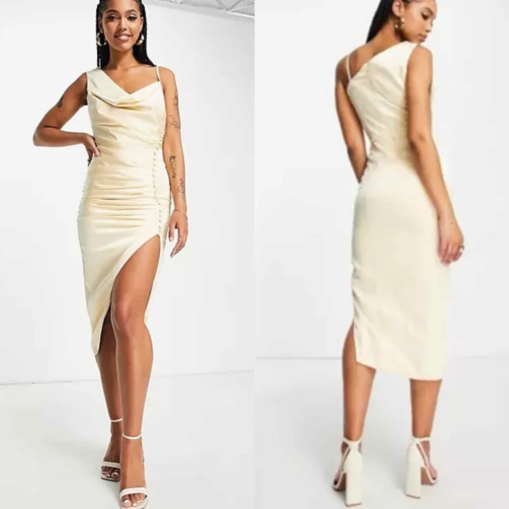Lavish Alice Satin Cowl Neck Button Detail Formal Midi Dress US 0 Cream - Image 6