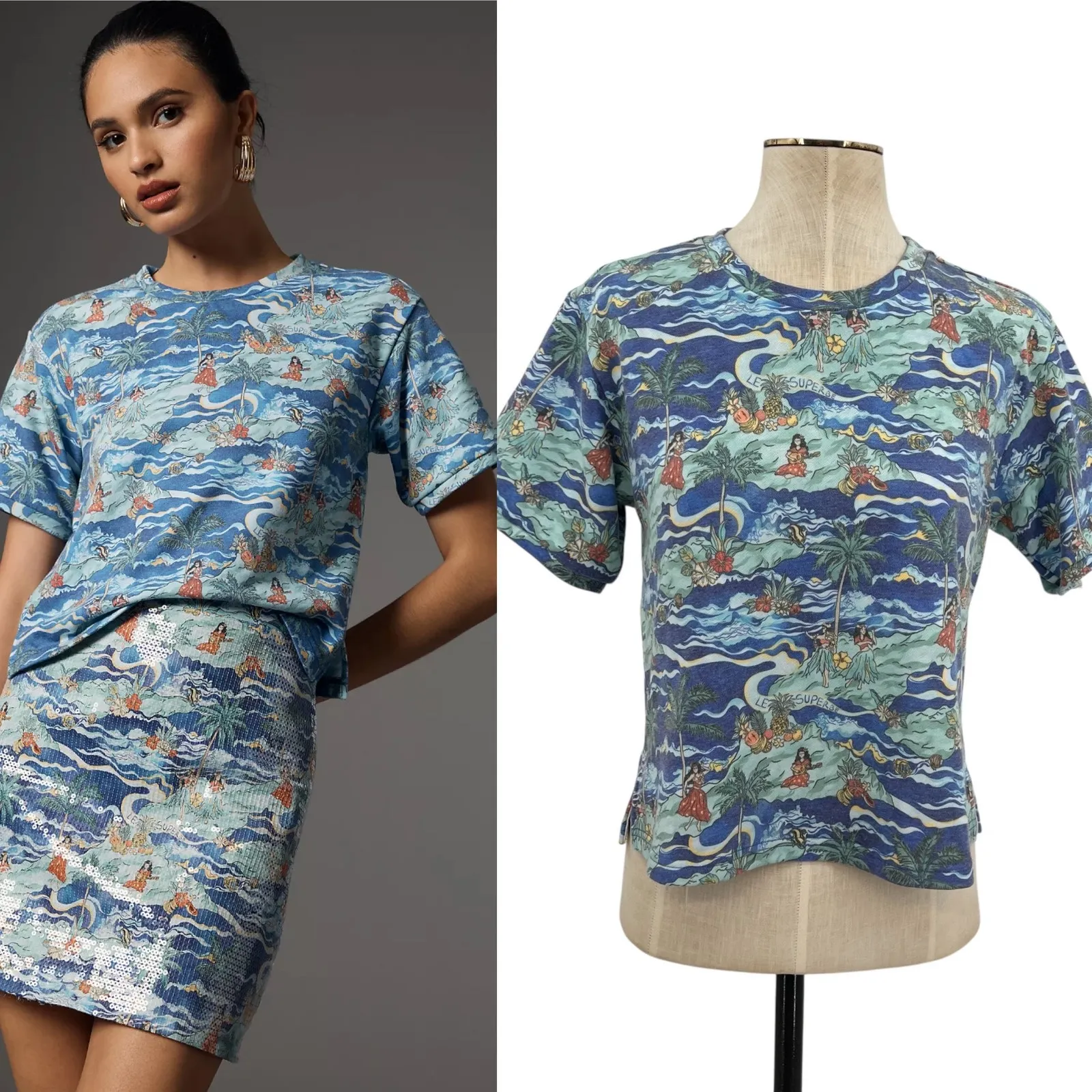 Le Superbe Fringed Tee Shirt Short‎ Sleeve Hawaiian Print Blue Size Small - Image 2