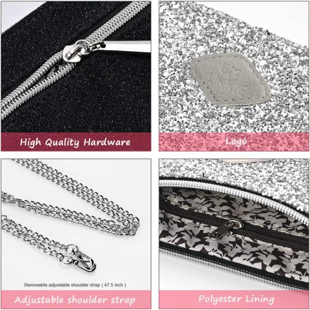 ⚡Women's Silver Sequin Cocktail Glitter Evening Crossbody Shoulder Clutch Bag Red - Image 6