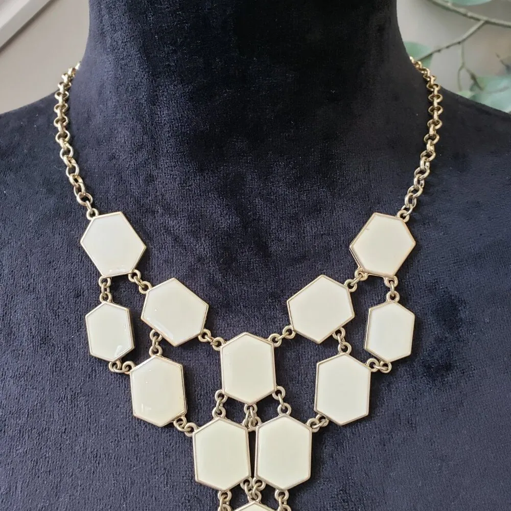 Women Gold Plated White Enamel Geo Shape Chain Linked Bib Necklace with Earrings - Image 2