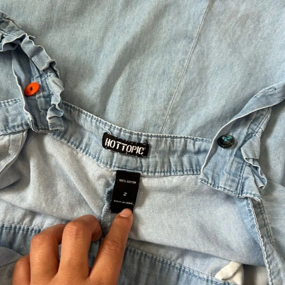 Hot Topic Denim Overall Romper Shorts Women’s Size 2 Mushroom Embroidered Cottag - Image 4