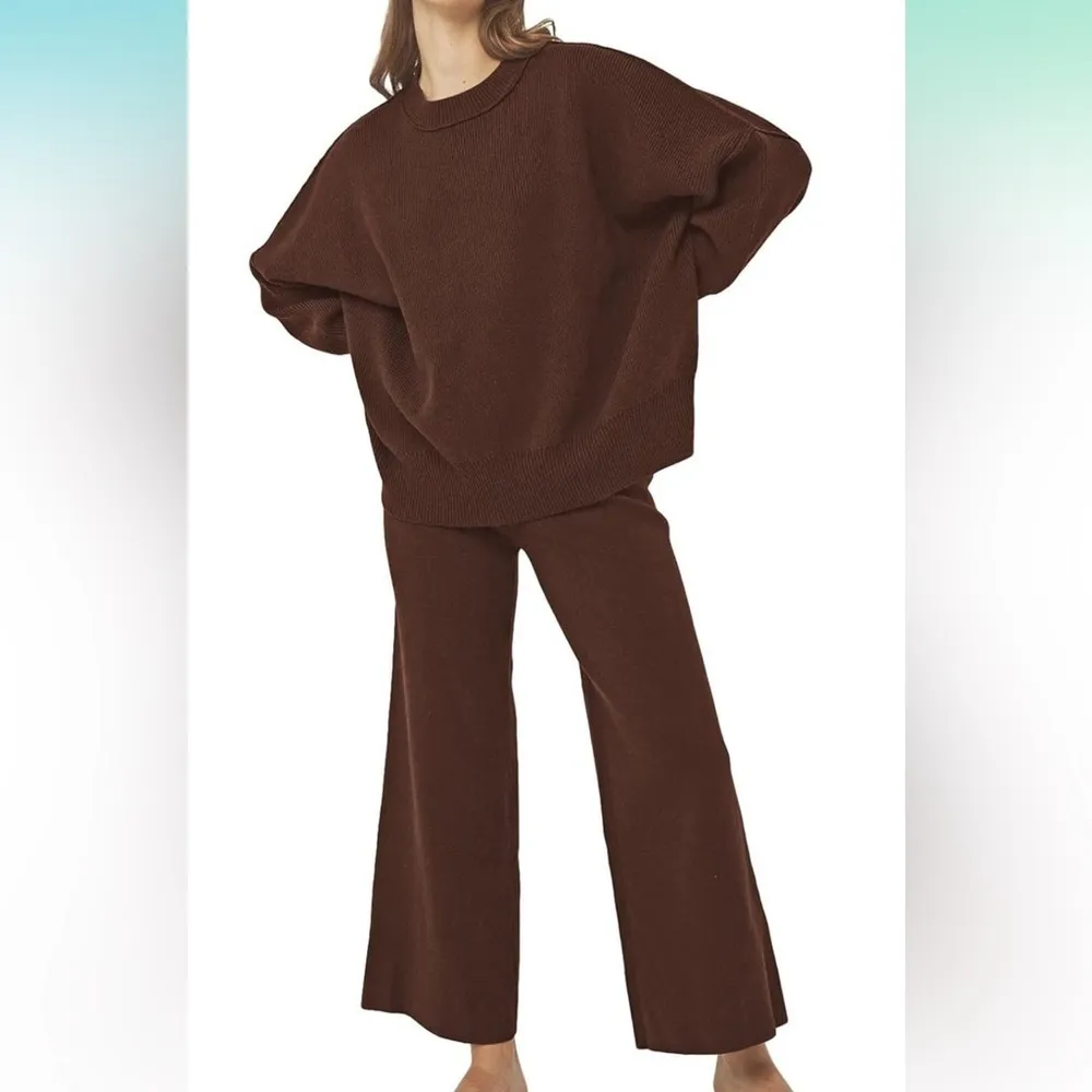 Sweater Set Women 2 Piece Long Sleeve Knit Top Brown - Image 2