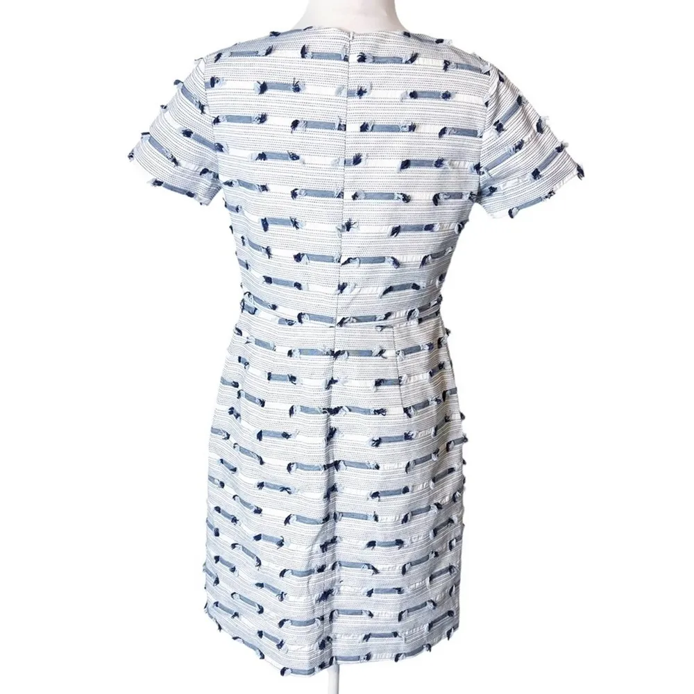 Shoshanna fringe tweed stripe blue and white sheath dress sz 6 - Image 2