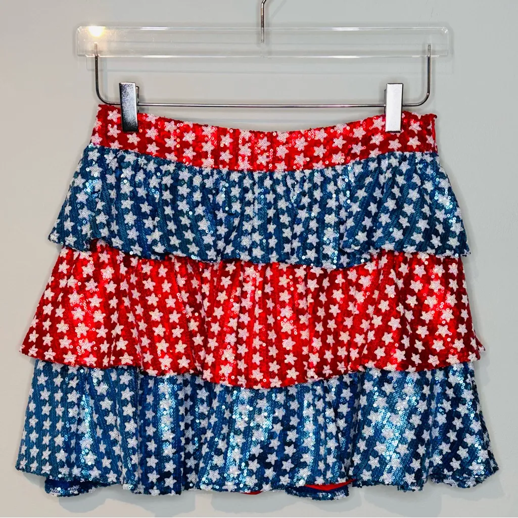 Queen of Sparkles Spangle Stars Red White Blue Tiered Mini Skirt Skort - Image 3