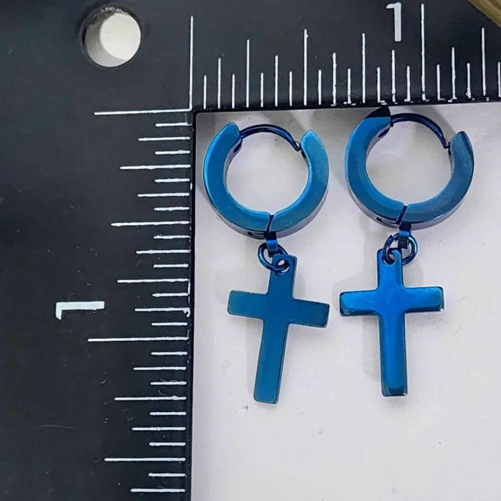 Blue Stainless Steel Cross Huggie Hoop Earrings - Image 5