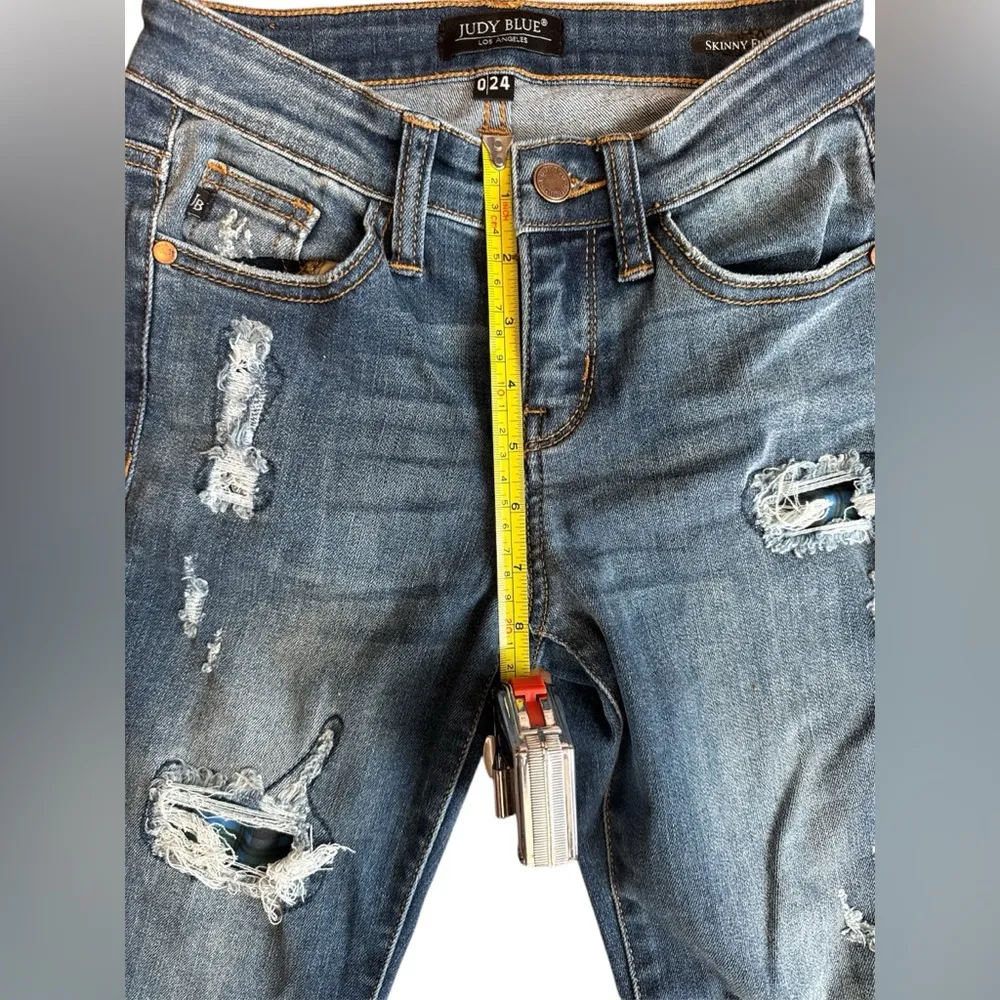 JUDY BLUE Green Blue Plaid Patch Skinny Fit Jeans Size 0/24 Women’s - Image 7