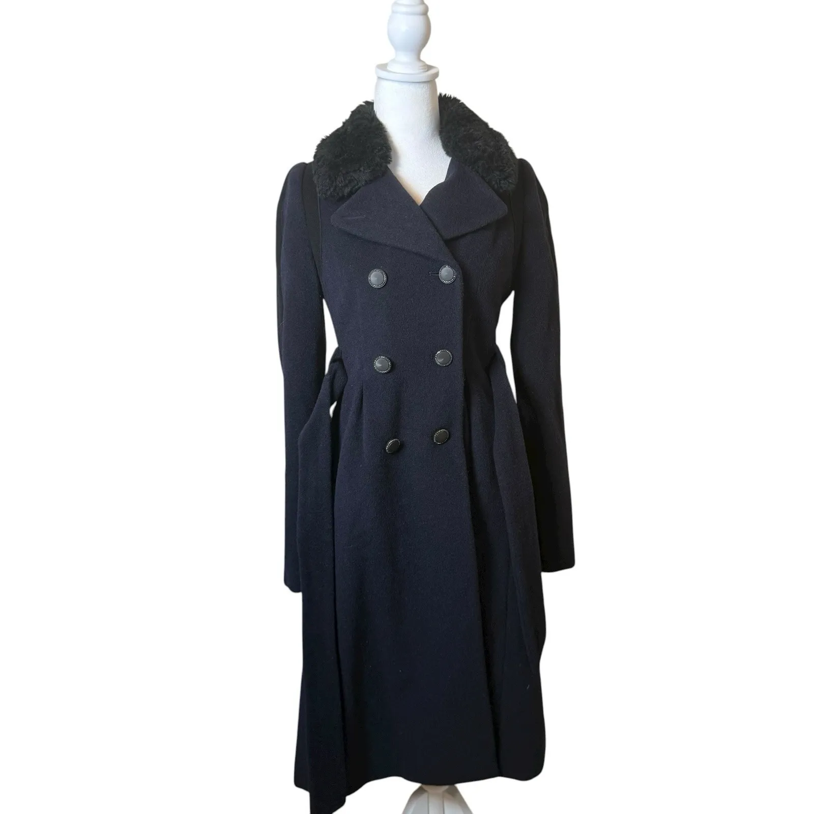 Rebecca Taylor Navy Black Wool Peacoat Faux Fur Collar Double Breasted Belt Sz 0 - Image 3