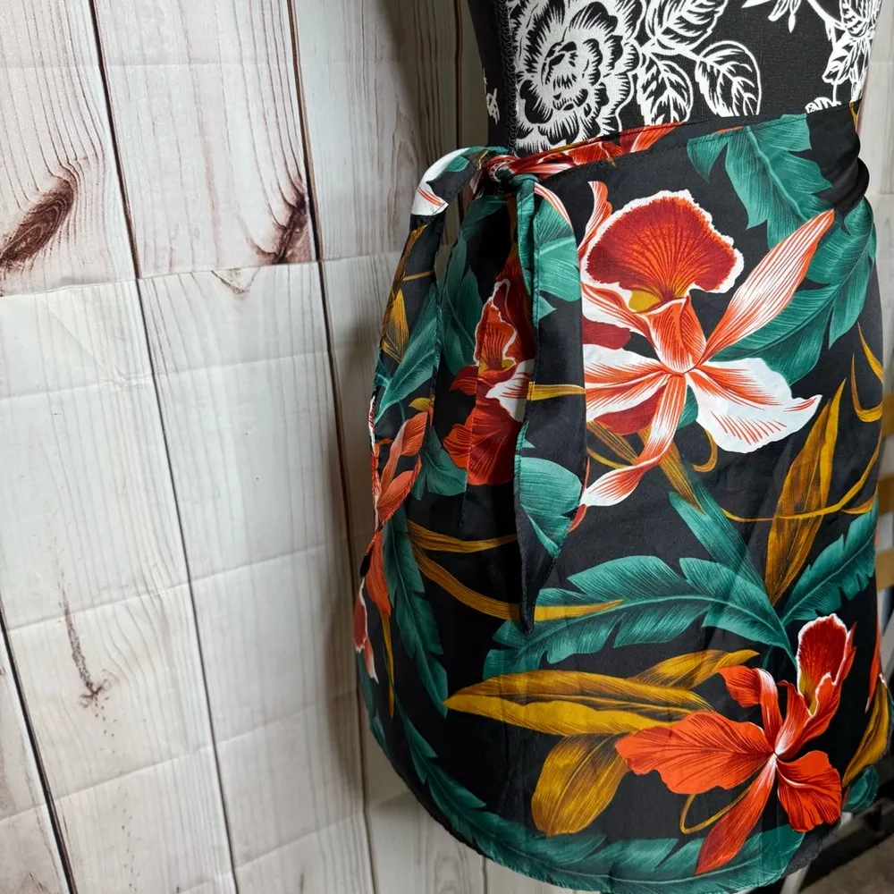 VTG 90s Hilo Hattie Wrap Skirt Aloha Print Sz OS Hawaiian Retro Orchid Tropical Black - Image 4