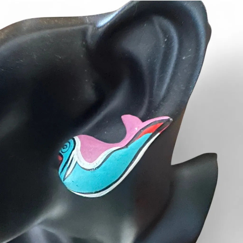 Wood Hand Painted Whale Stud Earrings Blue Pink - Image 2