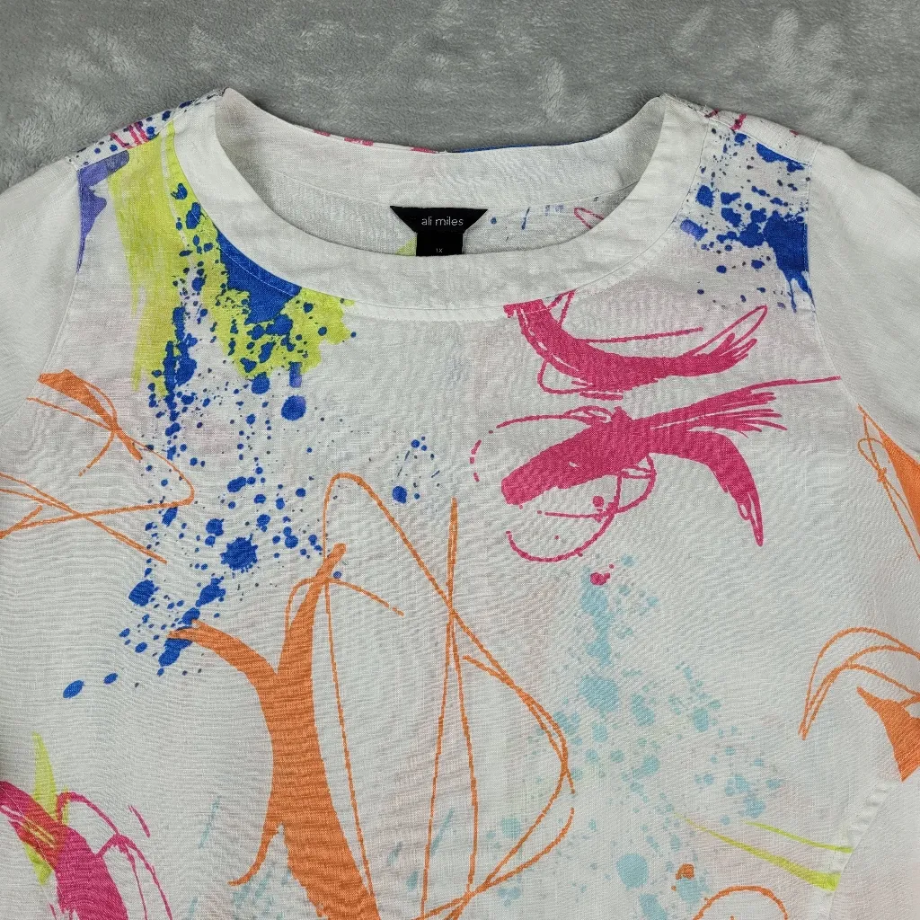 Ali Miles 100% Linen Women's Size 1X Paint Splash Tunic Top Pockets 3/4 Sleeve Pink - Image 2
