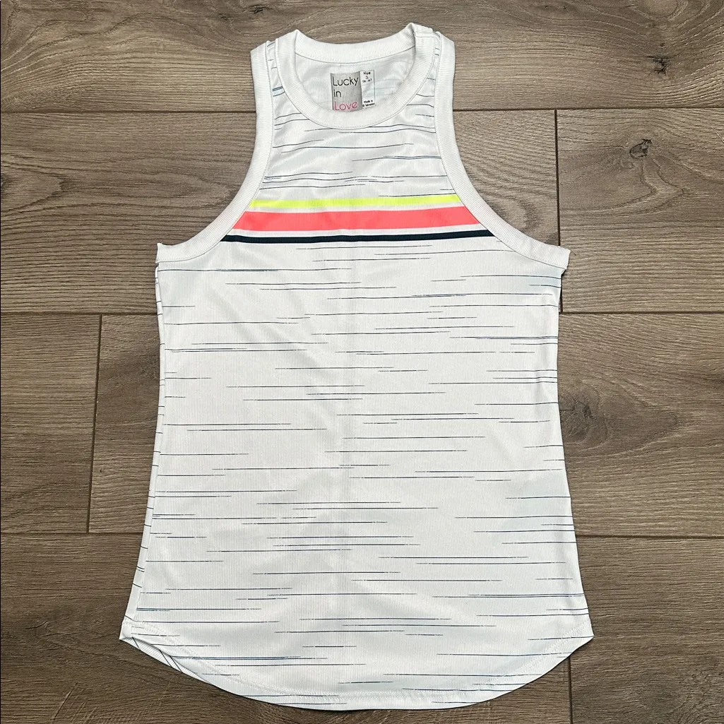 Lucky in Love Royale Stripe Rib Tennis Tank Top White Orange Size Small - Image 3