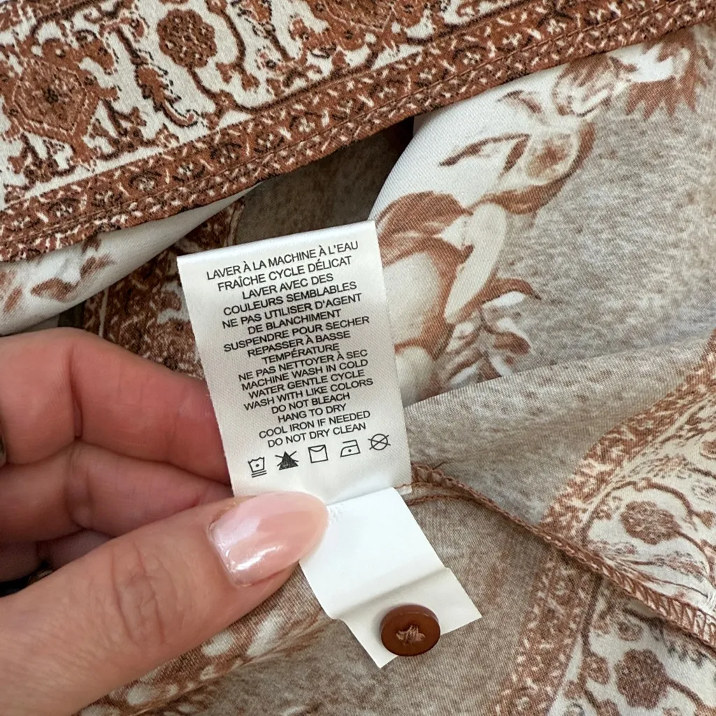 Rachel Zoe Satin Short Sleeve Button Down Collared Blouse Shirt Boho Brown Small - Image 11