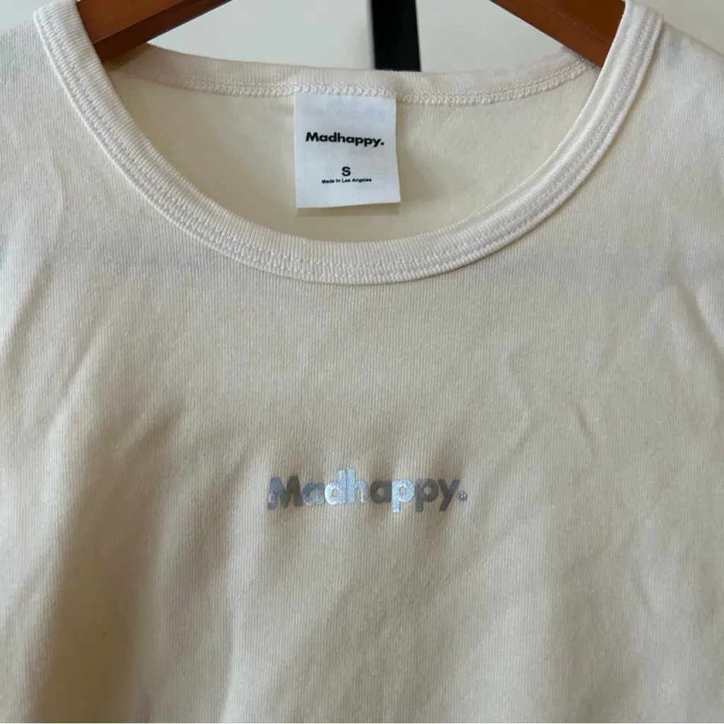 Madhappy Shrunken Tee Holographic Logo T-Shirt Cream Crewneck Short Sleeve Sz S - Image 2