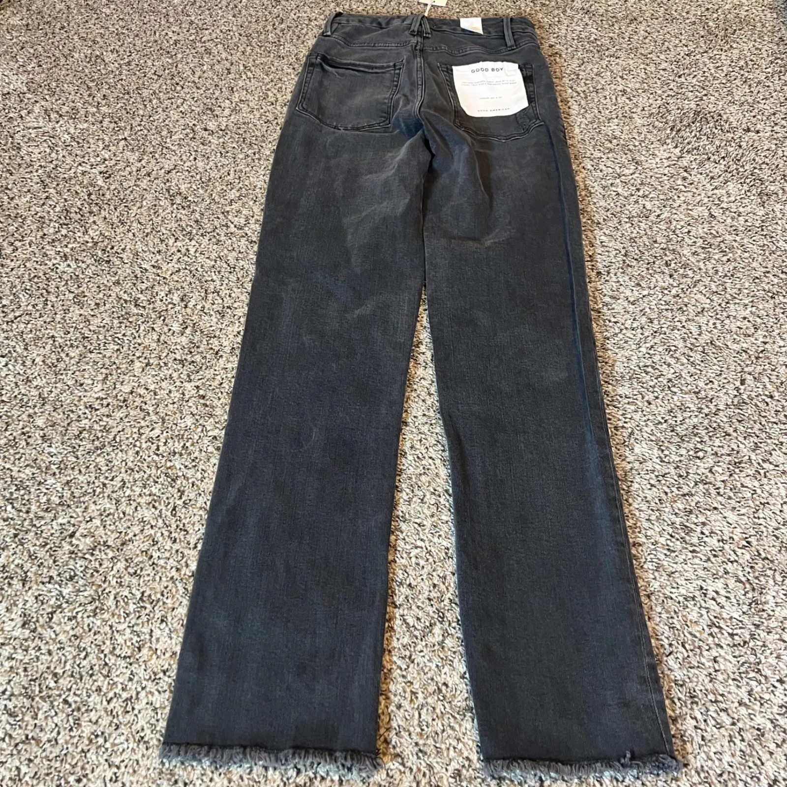 Good American Good Boy High Rise Flare Jeans Black Distressed Raw Hem Size 0 25 - Image 7