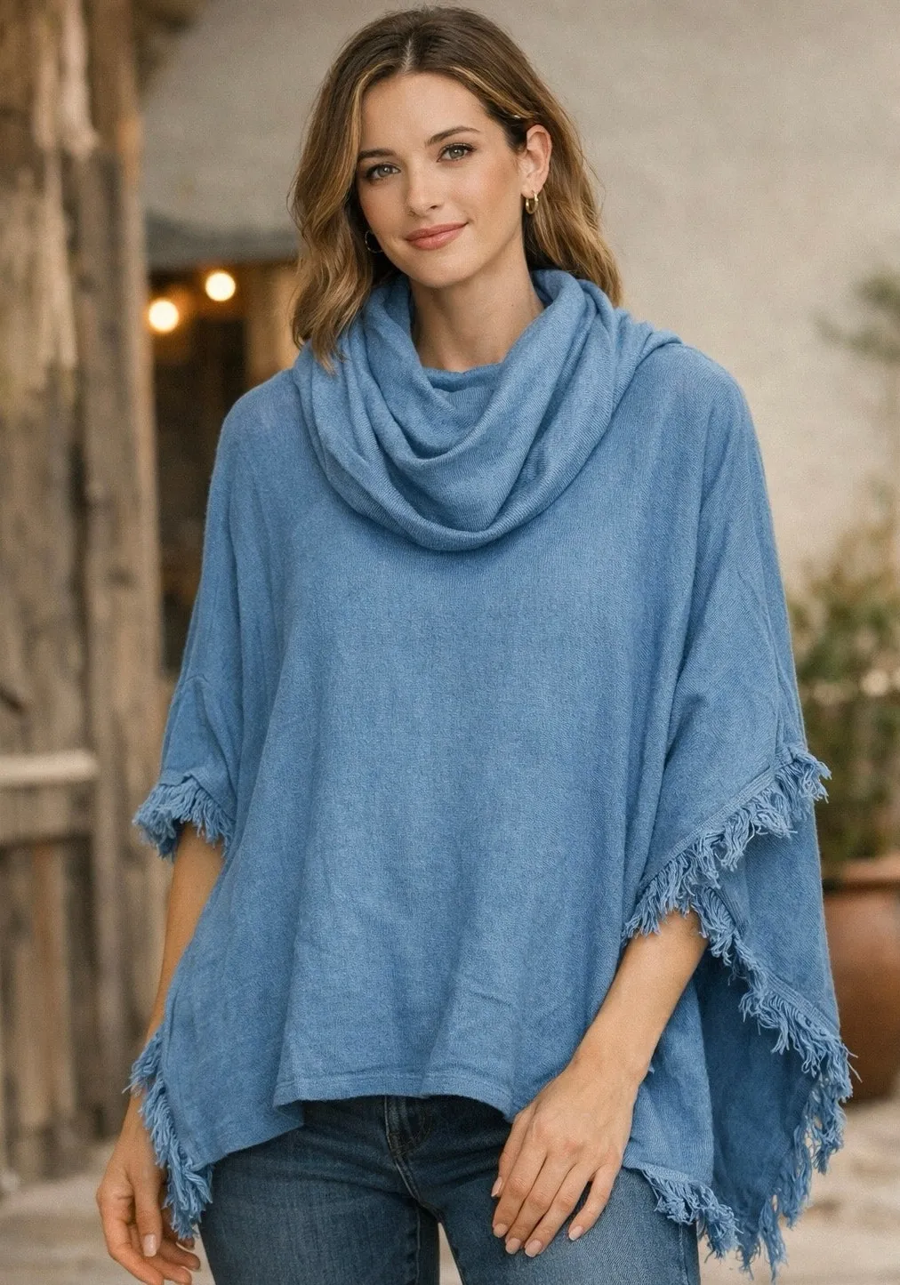 Chico’s Blue Cowl Neck Poncho Top Fringe Hem Boho Chic Layering Piece - Image 1