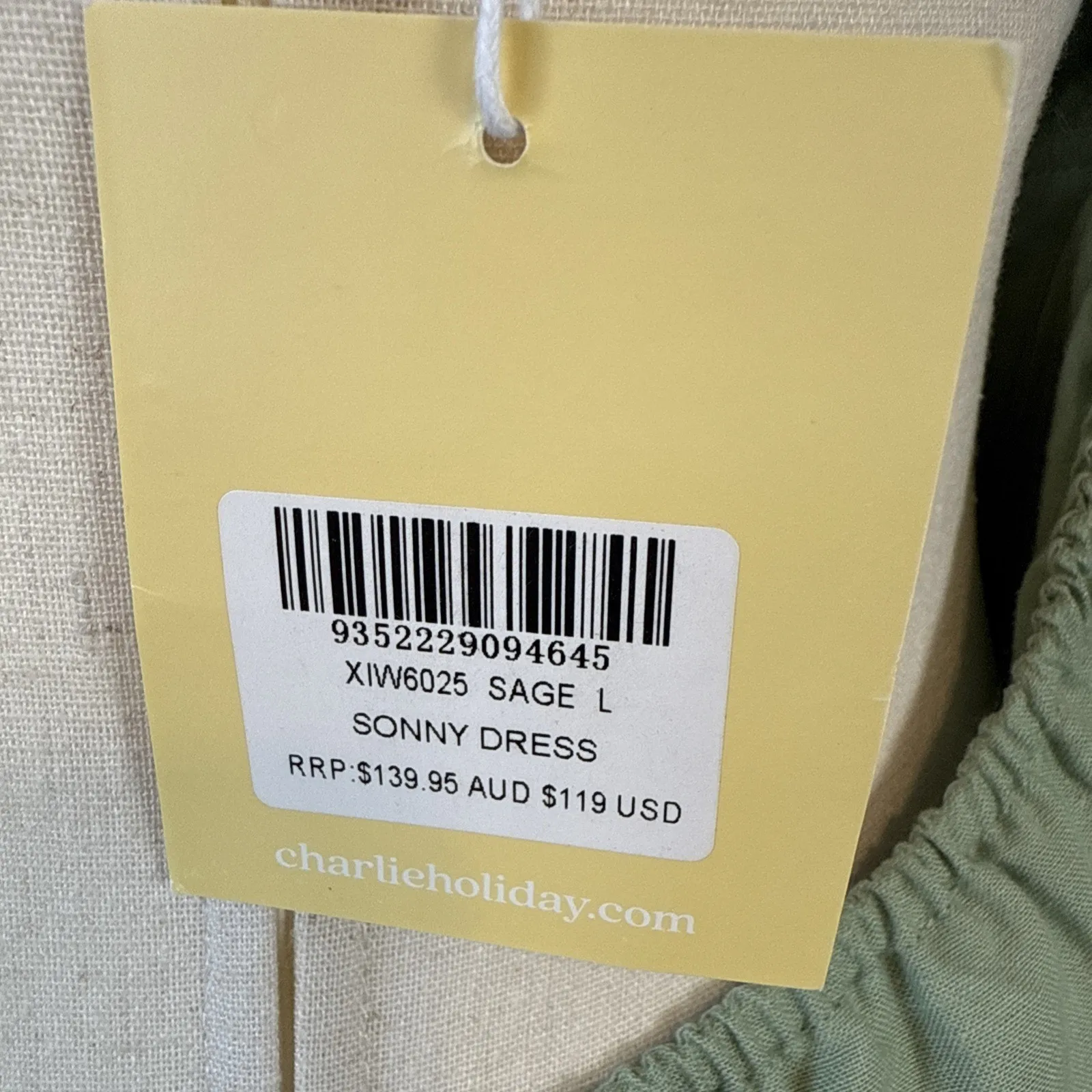 Charlie Holiday Sonny Mini Dress Size 8 Sage Green Linen Cotton Long Puff Sleeve - Image 7