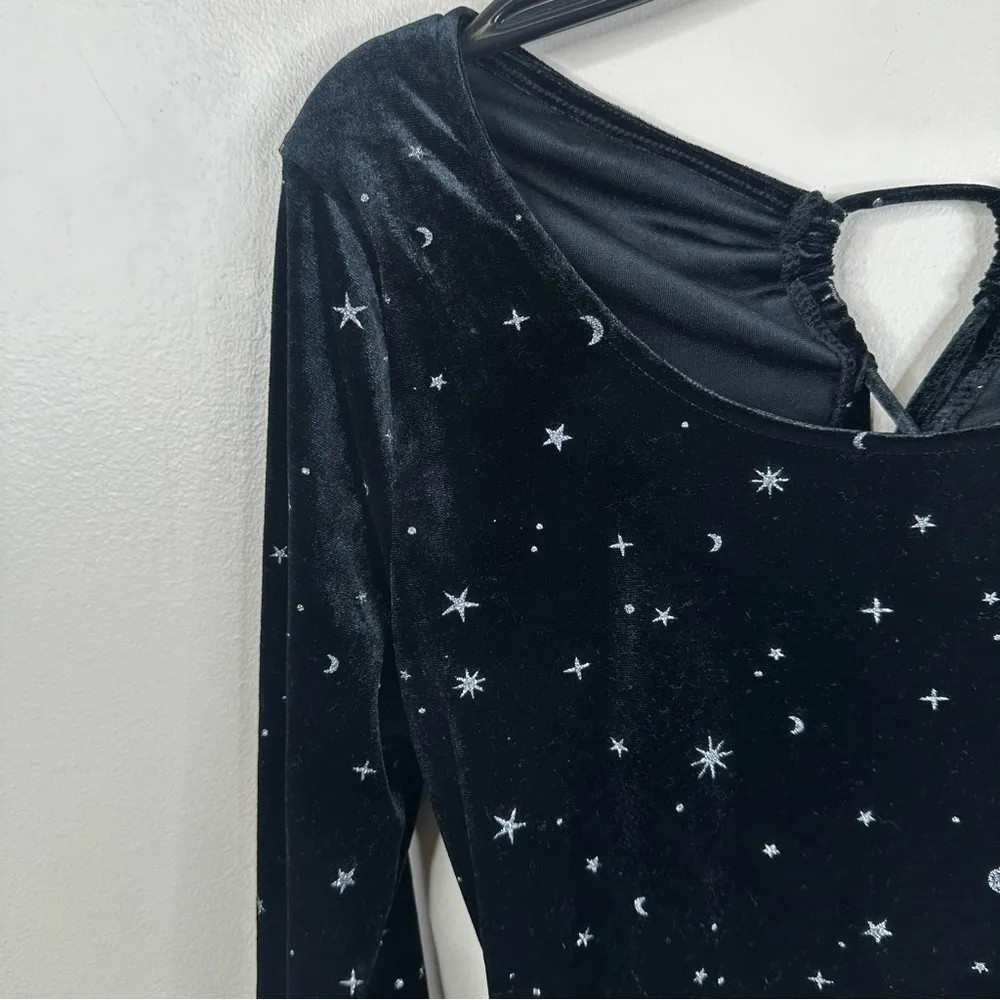 Wild Fable Bodysuit Womens Large Black Velvet Silver Celestial Sun Moon Stars - Image 3