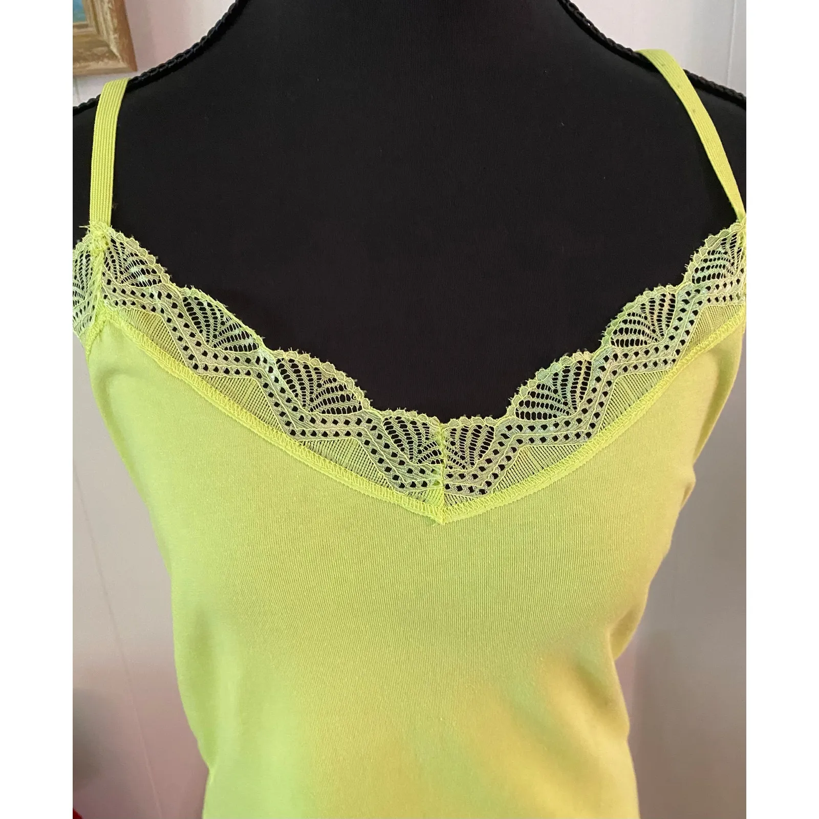 Y2K Selena Gomez Brat Summer Lime Lace Trim Layering Tank Top Spaghetti Strap XL - Image 3