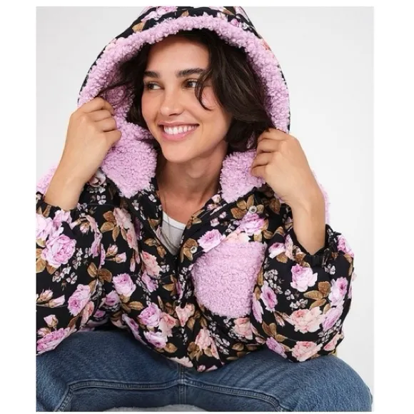 For Love and‎ Lemons floral sherpa puffer hooded jacket - Image 2