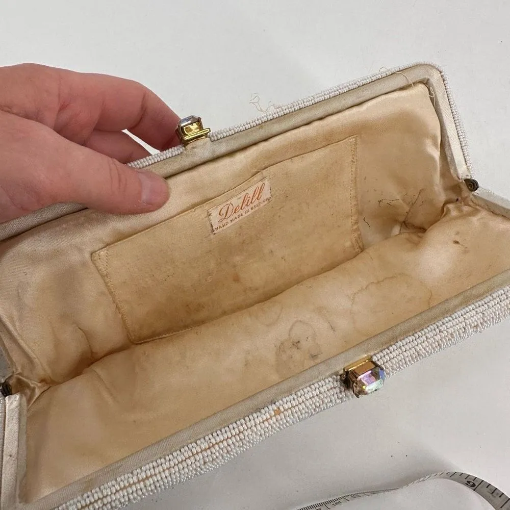 Vintage Beaded iridescent Delill handbag clutch bag made‎ in Belgium white White - Image 9