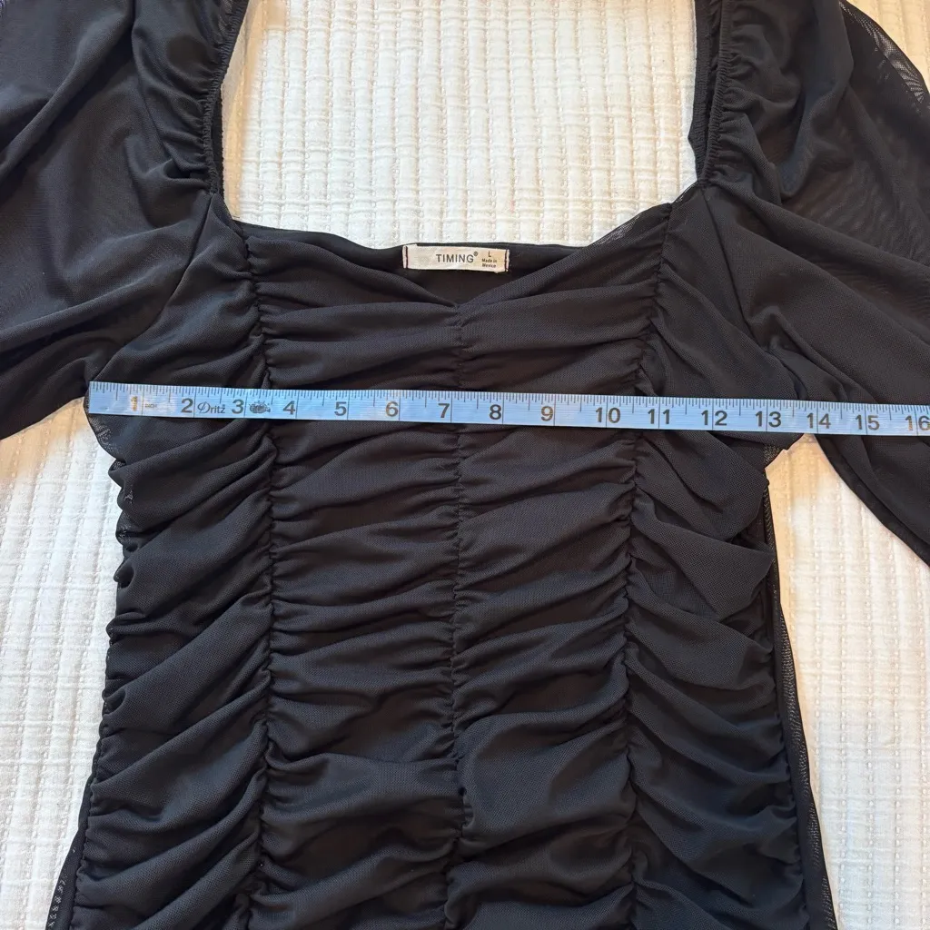 Timing Brand Women's Elegant Black Ruched Mess Mini Dress Mesh Sleeves Size L - Image 7