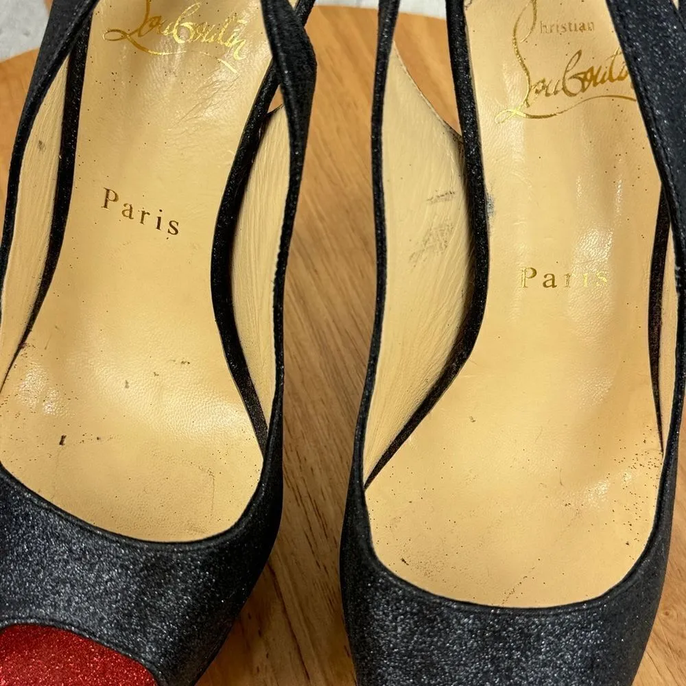 Christian Louboutin‎ Lady Peep Glitter Platform Slingback Pumps Black Red 37.5 - Image 8