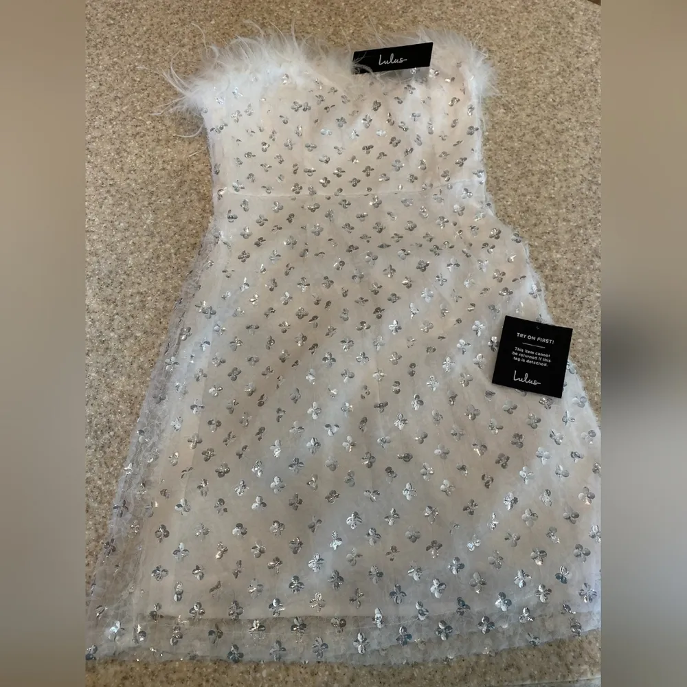 Lulus Sparkly Aura White Textured Sequin Feather Mini Dress XS - Image 2