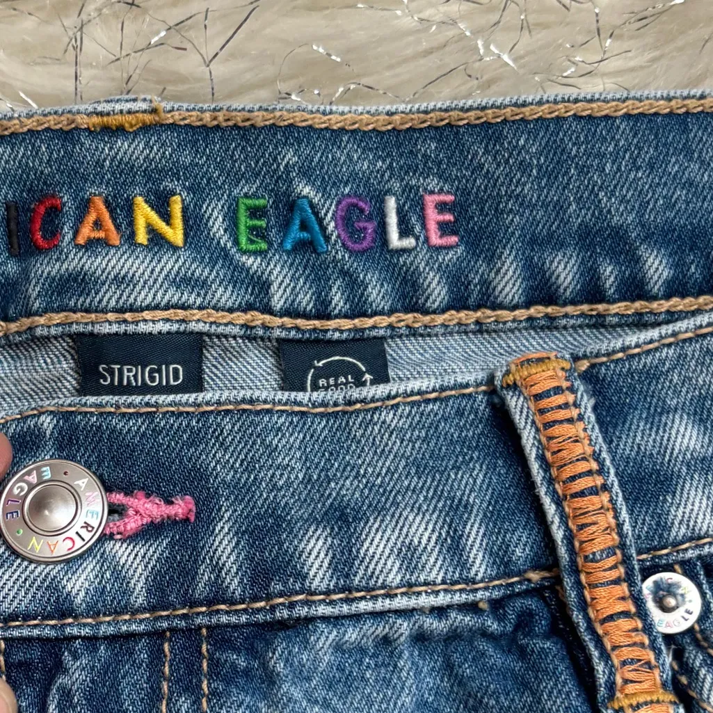 American Eagle Women’s Blue Pride Low Rise Baggy Flare Distressed Jeans Size 14 - Image 12